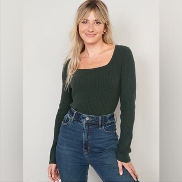 Old Navy Fitted Cropped Square-Neck Rib-Knit Green Sweater Size L - Picture 1 of 8